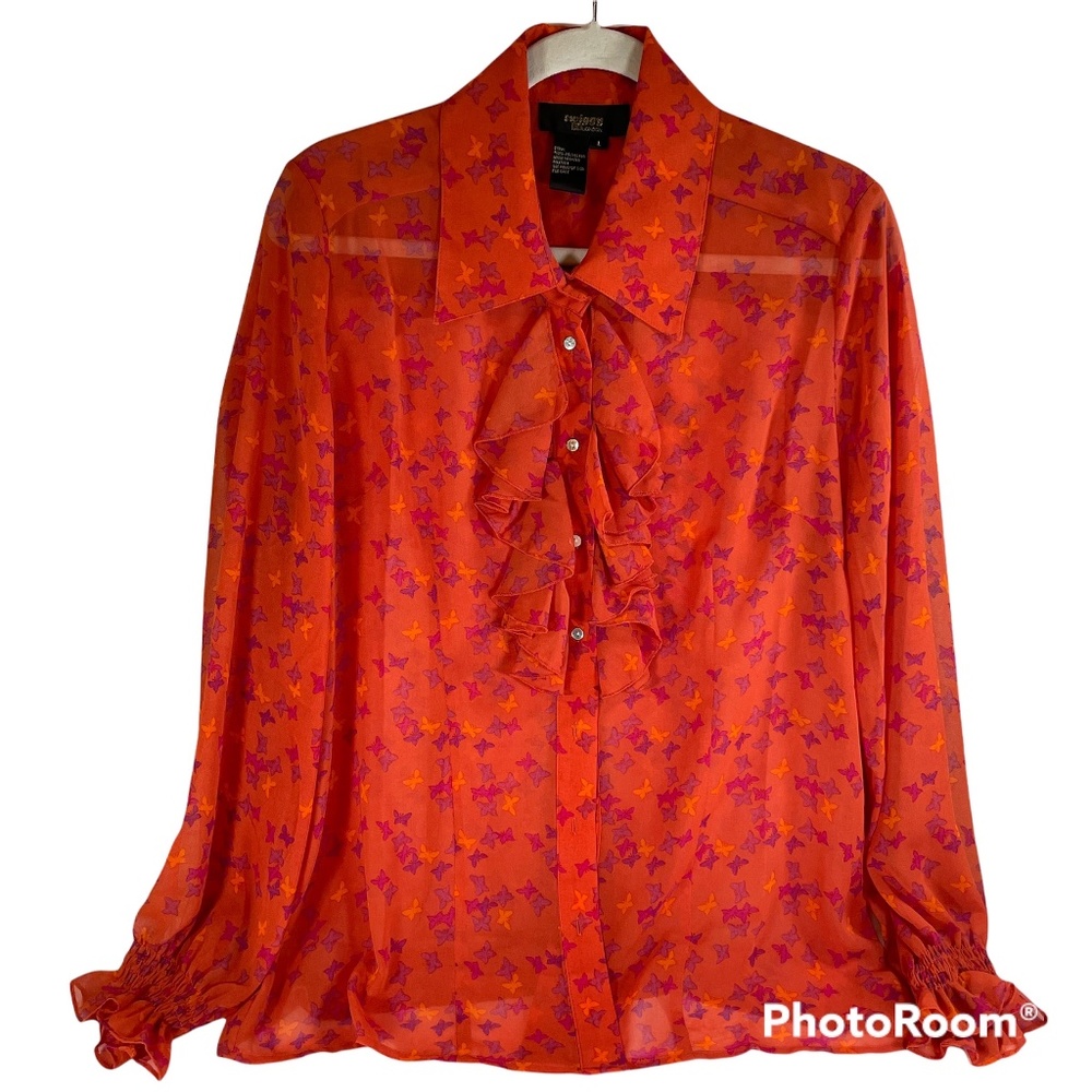Twiggy London Womens Blouse Shirt Orange Butterfly Ruffle Button Front Large